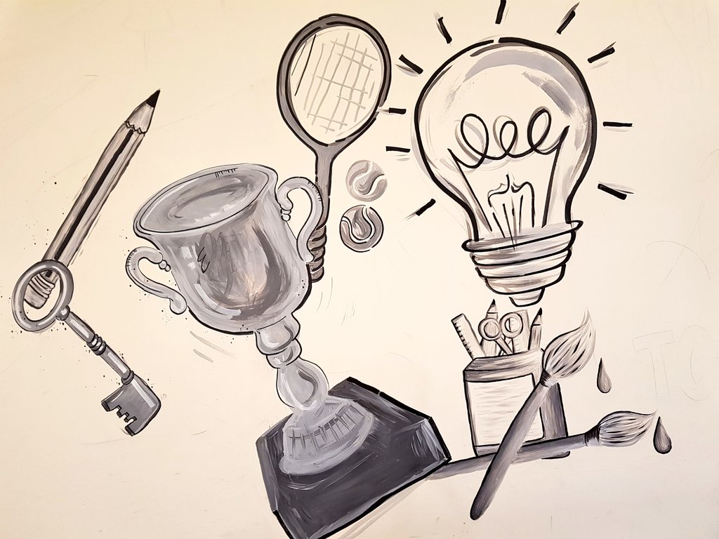 WestleighArt2's tweet image. Miss Marsden working her magic on the new school mural #workinprogress #thewestleighway ✏👩‍🎨