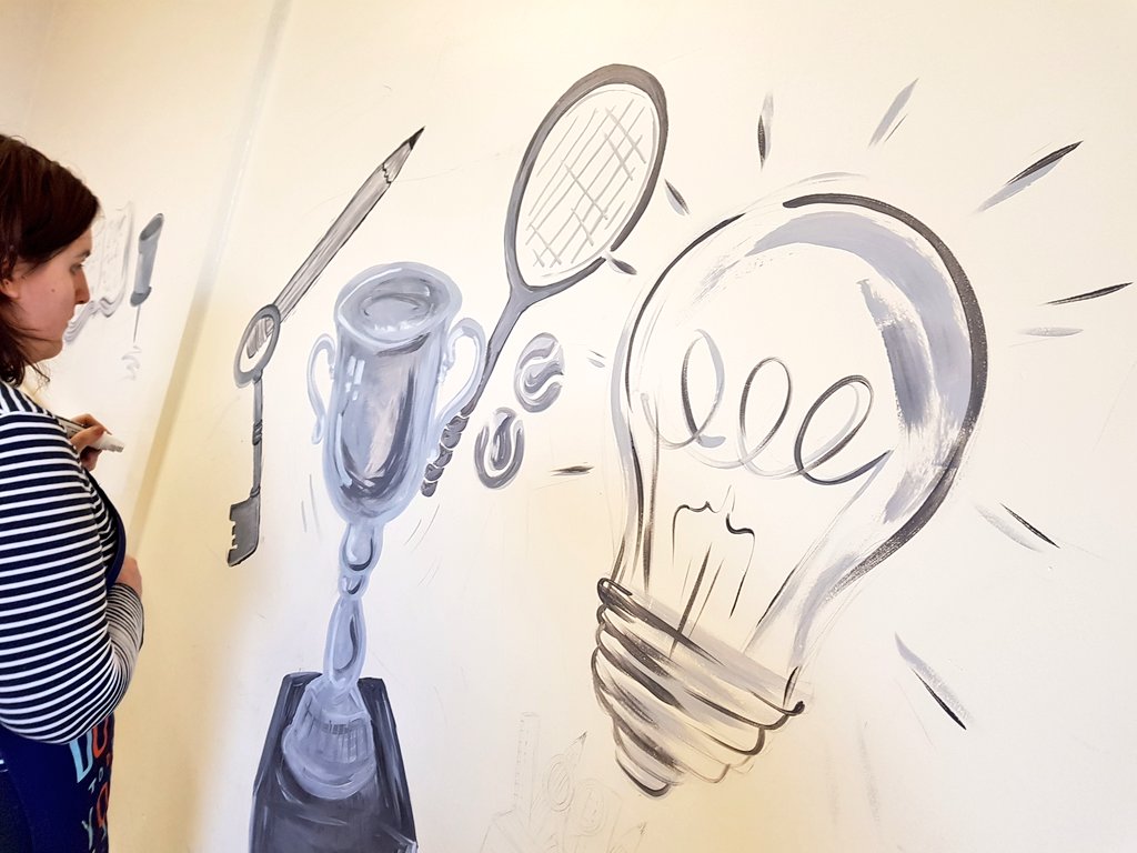 WestleighArt2's tweet image. Miss Marsden working her magic on the new school mural #workinprogress #thewestleighway ✏👩‍🎨