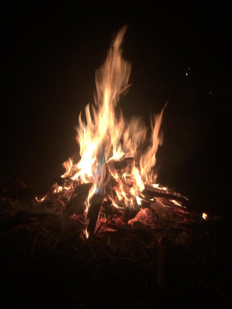 DiscoverRoberts's tweet photo. It's sweater weather and bonfire season! This is the result of when a chemistry professor invites students over! (See the blue flame?) https://t.co/2BuVCfH7ZD
