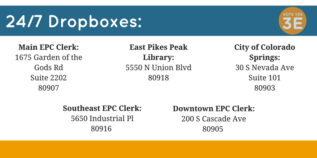 FriendsofD11's tweet photo. Drop off your ballot at any one of these 24/7 drop-boxes before 7PM Nov. 7! #YESon3E #d11votes #cosvotes https://t.co/GIMa3PKrXM