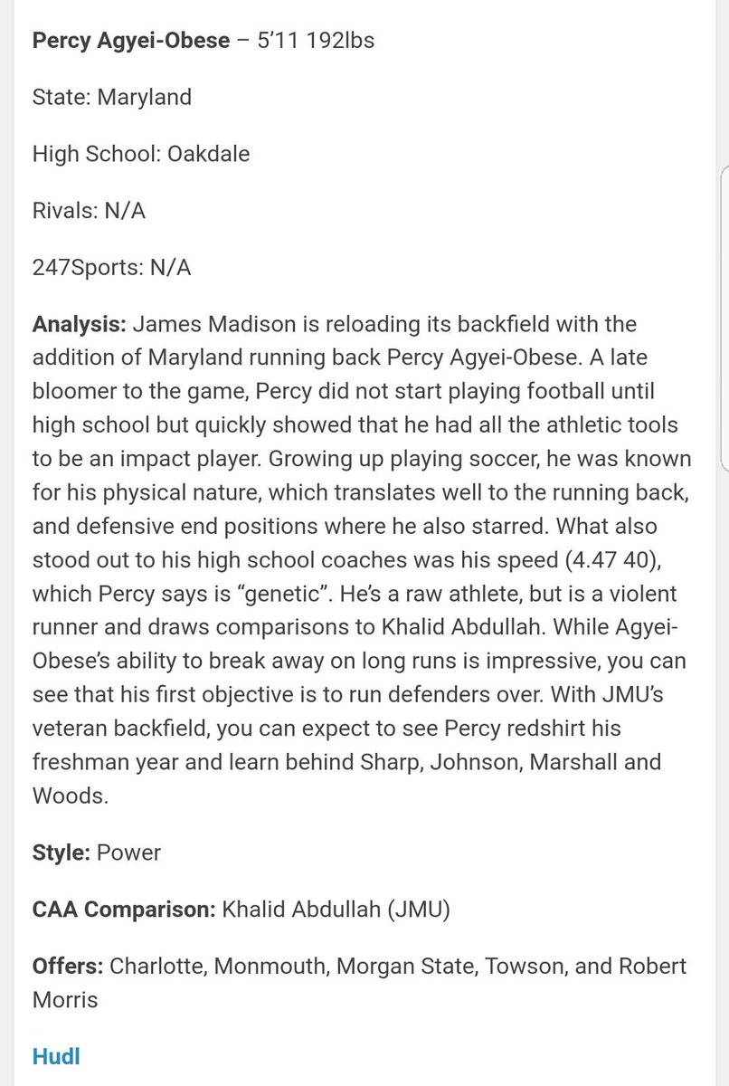 Michael_2Clutch's tweet image. ICYMI: Here's the low down on #JMU true freshman running back Percy Agyei-Obese who just broke that 40 yard run #FeedTheBacks ⚡⚡⚡