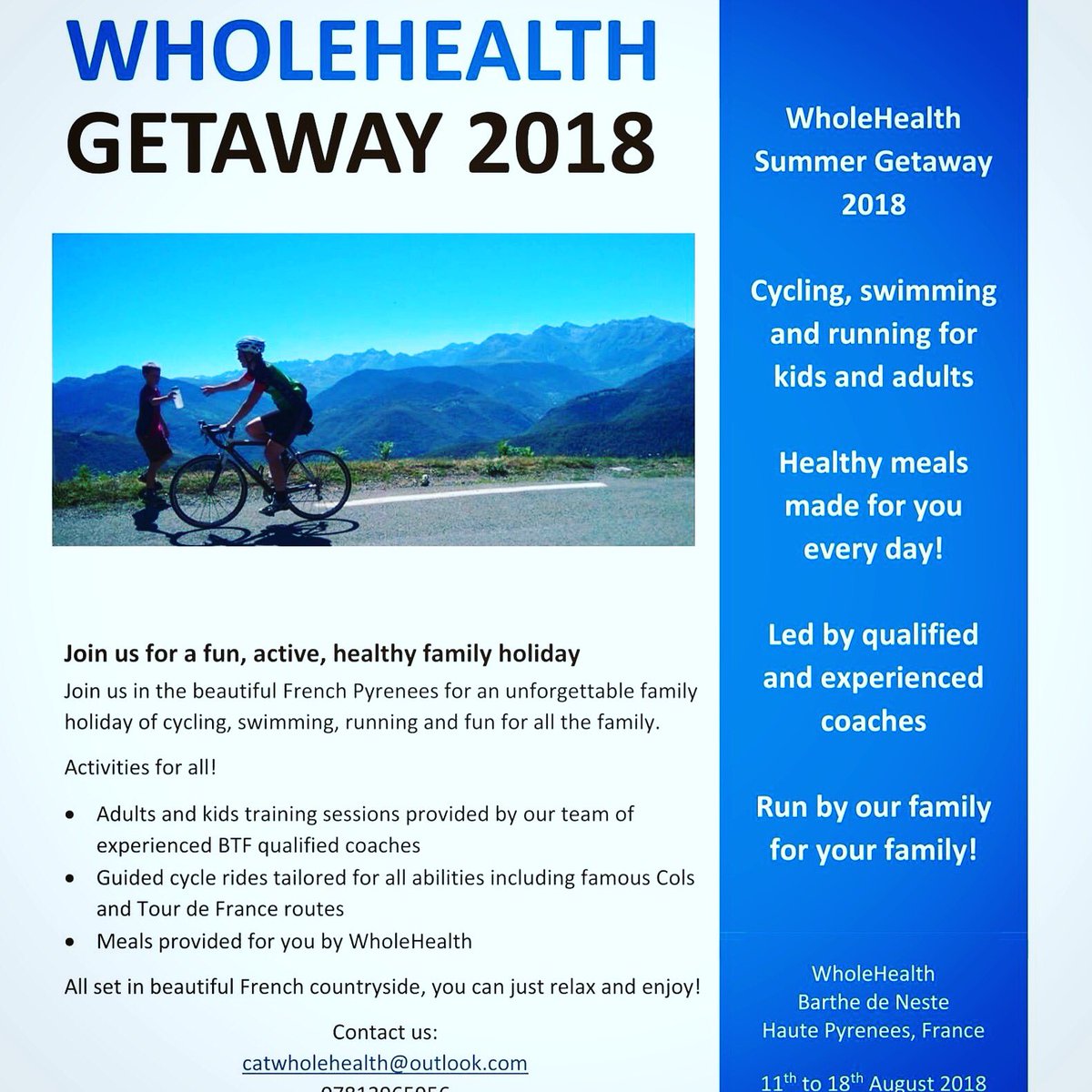 WholeHealthTeam's tweet photo. Now taking bookings for our 2018 #active family holiday, #cycling, running, eating in the gorgeous #Pyrenees 💙
Get in touch for more info! https://t.co/Ke7qNeKyaf