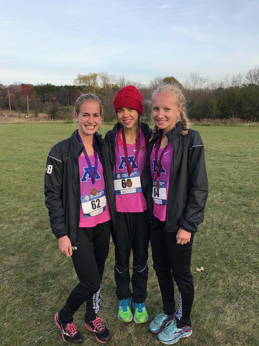 Minnetonka girls Sophie Whicher, Libby Halbmaier, and Annalise Johnson ran amazingly today at the CC state meet! 💪🏻💗 #girlsruntheworld