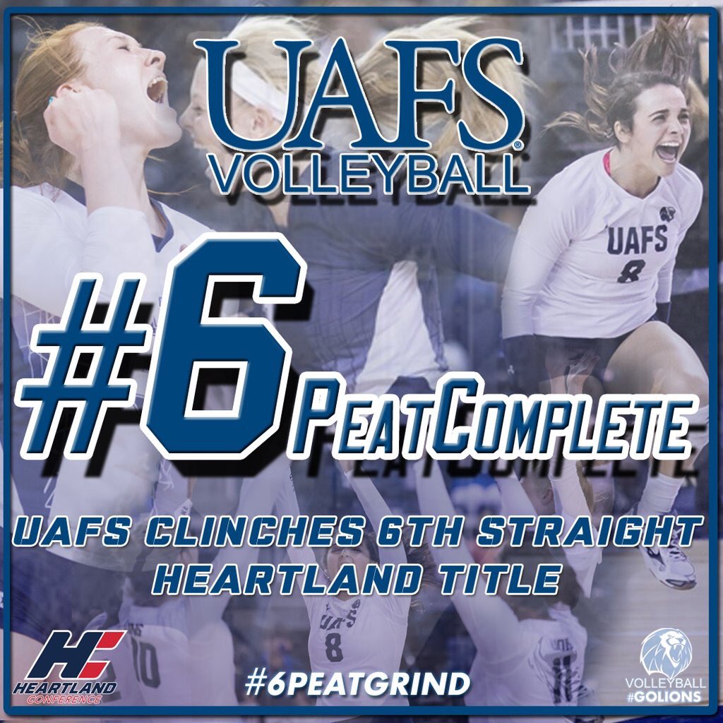 UAFS_Volleyball's tweet photo. ‼️#6PEATCOMPLETE ‼️
With today's win over TAMIU, UAFSVB clinches its 6th straight @heartlandsports Championship! #GoLions #6PeatGrind https://t.co/oNudfyRmRq