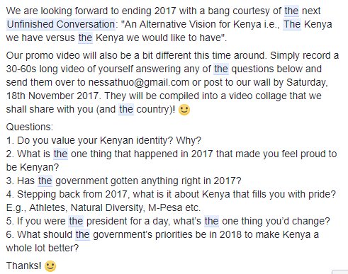 UnfinishedConv's tweet photo. Our last #UnfinishedConversation for 2017 @Pawa254 shall be on "An Alternative Vision for #Kenya
We need your help.
Send a #video of yourself answering any of the question below to nessathuo@gmail.com or DM us
1. Do you ~#value your Kenyan identity? Why?
Thanks! :-)
#KOT https://t.co/BEQgomRQQh