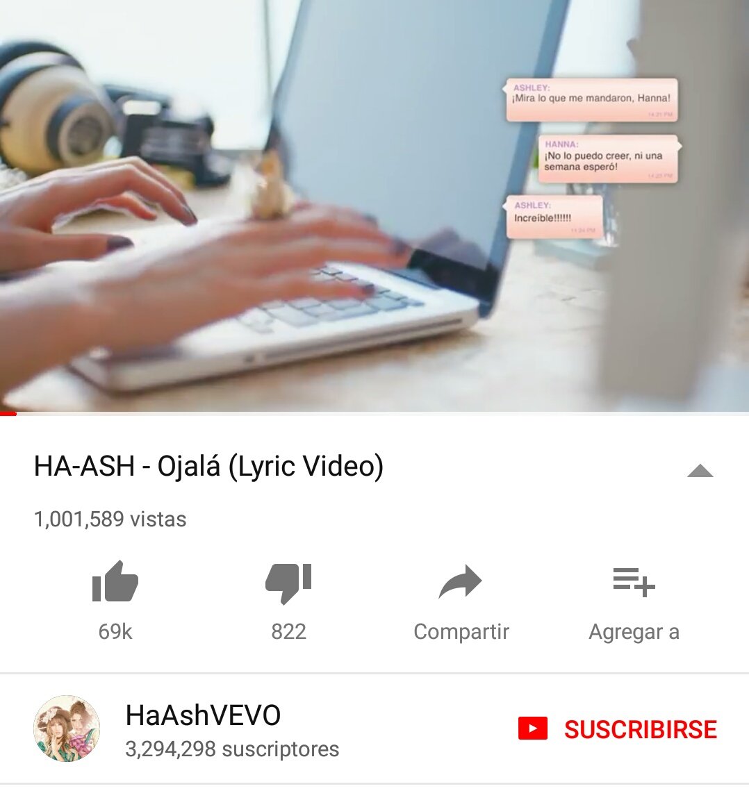 ElSalvadorHaAsh's tweet photo. 1 millón 589 vistas en YouTube #Ojalá @haashoficial
#HaAshFansPower #30DeFebrero https://t.co/LCKv12qm0s
