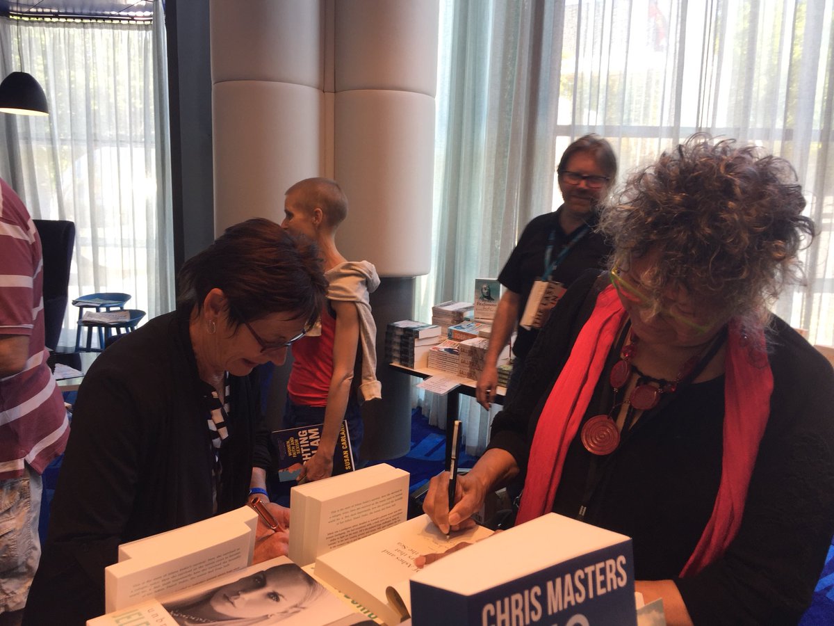 Spotted in <a href="/WordforWordFest/">Word for Word Festival</a> bookshop <a href="/geelonglibrary/">Geelong Regional Libraries</a> - Marie Munkara and Kim Mahood signing books for each other following their session on culture, identity and connection to country #w4w2017