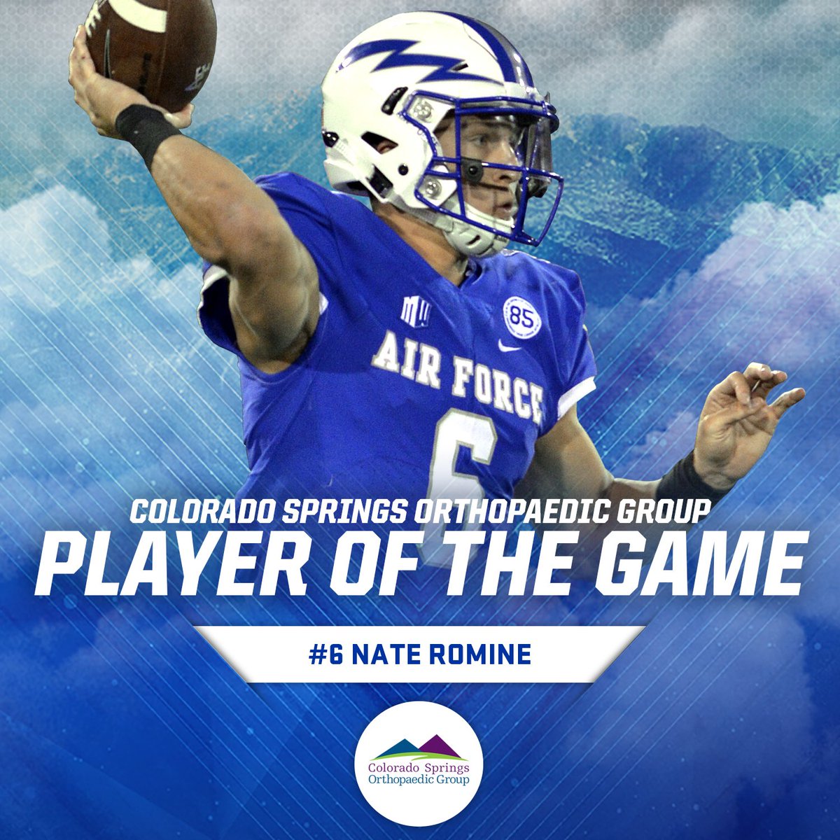 AF_Football's tweet photo. Your @csorthopaedics Player of the Game this week against Boise State was Quarterback Nate Romine who completed 70% of his passes for 115 yards while also gaining 54 yards on the ground and a rushing touchdown. #letsfly #AFvsBSU https://t.co/GqzuiHK46I