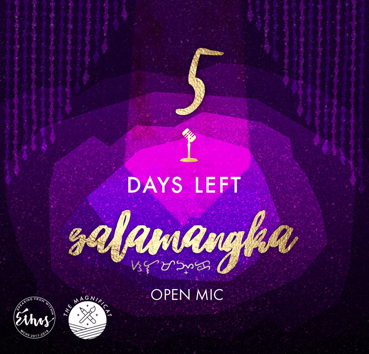 MCHSEthos's tweet photo. Konnichiwa, my fellow people! 五���(5 days) left until the Open Mic! Get ready to express your love for Asia!
#OpenMic2017 #Salamangka2017
#MCHSDayaw https://t.co/Rpc1MKiuat