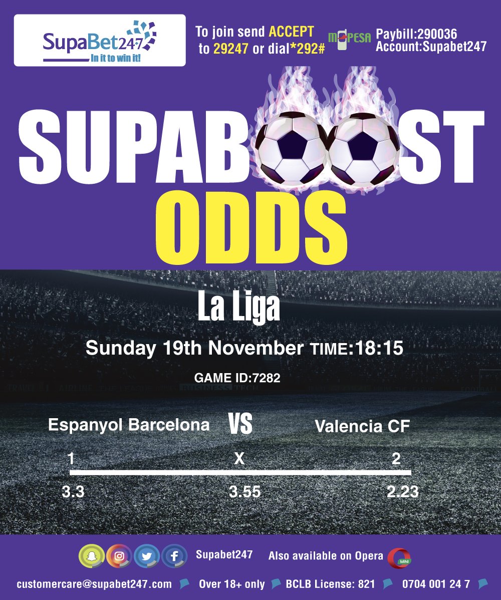 SupaBet247's tweet photo. Valencia aim to keep up the pressure at the top of #LaLiga when they visit Espanyol. You can enjoy its boosted odds right here on SupaBet247. BET NOW on Espanyol Vs Valencia and win big! #BestOdds #SupaBoost. #HottestOdds. @MissCarolleKay @SMukangai @alikauleni @GameYetu https://t.co/TUBNDZ8zBU