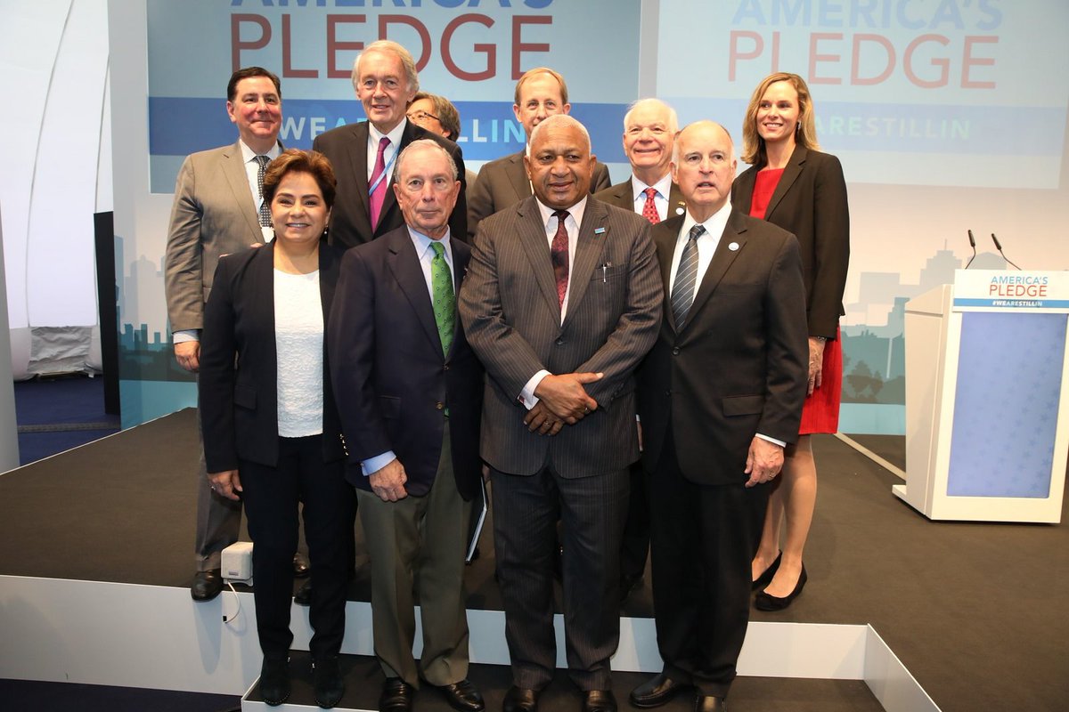 REvents_SustBiz's tweet photo. "If Washington won’t lead, mayors, governors and CEOs will. And there is nothing Washington can do to stop us" says Michael Bloomberg, as @Walmart @MarsGlobal @CocaCola @Microsoft & others make up 100-strong US delegation at #COP23 @AmericasPledge #under2MOU https://t.co/HudhrEpvwh