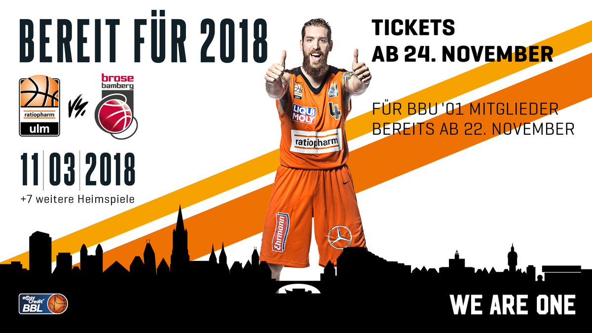 ratiopharmulm's tweet photo. Das Jahr 2018 klopft an die Tür! Sichert euch eure #uuulmer Rückrunden-Tickets ab Mittwoch (nur #BBU01-Mitglieder) - inkl. Top-Begegnungen vs. @BroseBamberg, @TelekomBaskets & @EWE_Baskets sowie den Derbys gegen @WalterTigers & @MHP_RIESEN. #weareone https://t.co/lY5AUnu1dt