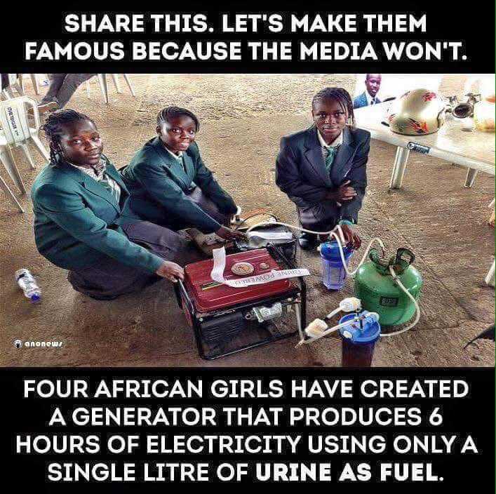 PopMathobela's tweet image. Four African girls created a generator that produces 6 hours of electricity using only a single litre of urine as fuel. 

This story is life! 👏👏👏👏👏👌