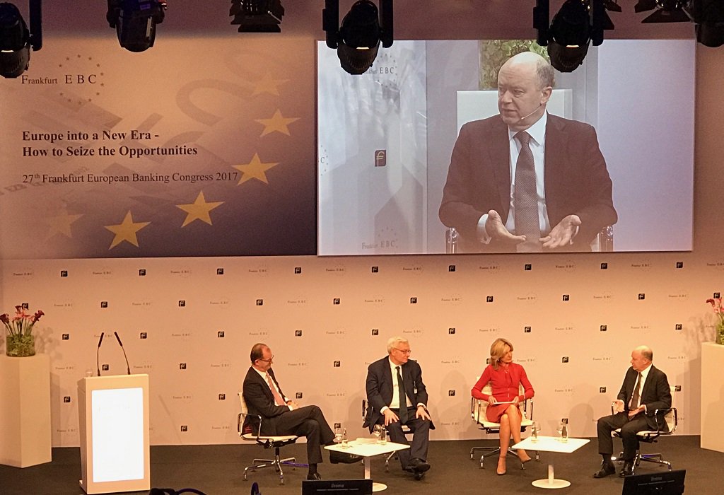JoergEigendorf's tweet photo. John Cryan on stage at the European Banking Congress: “Higher interest rates would increase our profitability significantly...Without additional costs." #efweek17 https://t.co/XifYyqrY2a