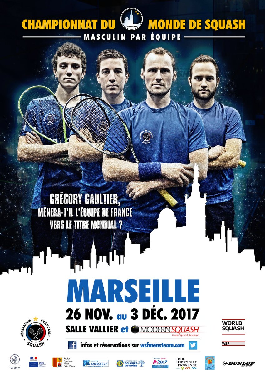 Marseille capitale mondiale du squash du 26/11 au 3/12, à la salle Vallier, avec le 25e championnat du monde de squash masculin par équipe ! #MWT2017 
👉 goo.gl/mkmLi1