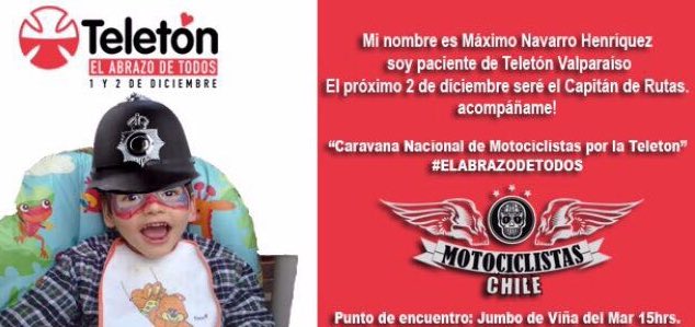 PedroBarriak's tweet photo. Mototoon 2017 que esta vez apoyará a la V región, hoy quiero invitarlos a esta Ruta y acompañes a su Capitán, el es MAXIMO NAVARRO, es un pequeño paciente de TELETON VALPARAÍSO y será nuestro CAPITÁN DE CARAVANA, Maximo ira en una TRICIMOTO y será el Lider de la caravana. https://t.co/u5UicEedRQ