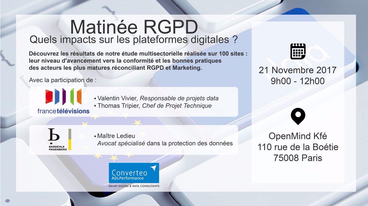 converteo's tweet photo. J-4 📆
Il ne vous reste plus que quelques jours pour vous inscrire à notre matinée dédiée au RGPD ! Attention les places sont limitées 🔜 https://t.co/adcQ0m6gHF
#MatineeRGPD #GDPR #RGPD #Data #DataMarketing #DigitalMarketing https://t.co/EgafDwKpoX