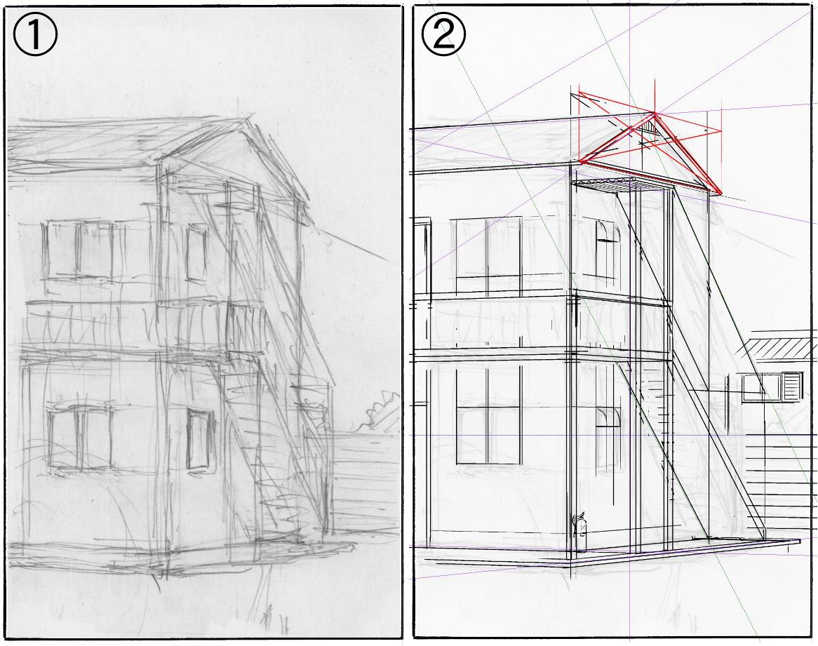 ヒデヲ13話の王様のアパート。極力仕上げ以外は紙原稿で完結したいのだけど、少し複雑な背景はデジタルで描画。
①原稿にざっくりとアタリ。
②スキャンしてデジタル上で清書。基本普通の二点透視絵なのですが、屋根や階段等斜めの部分にも消失点を定めているのでこの場合都合四点透視と言えるかも。 