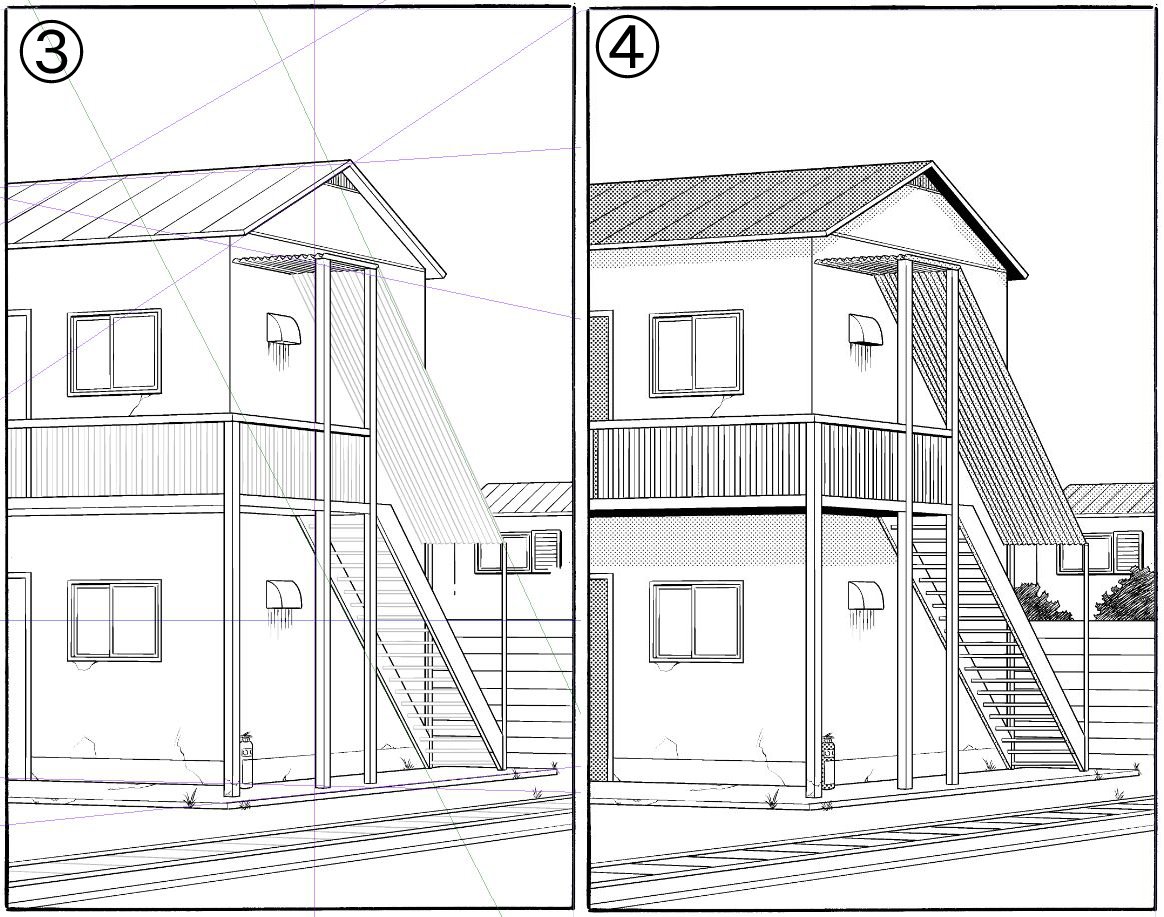 ヒデヲ13話の王様のアパート。極力仕上げ以外は紙原稿で完結したいのだけど、少し複雑な背景はデジタルで描画。
①原稿にざっくりとアタリ。
②スキャンしてデジタル上で清書。基本普通の二点透視絵なのですが、屋根や階段等斜めの部分にも消失点を定めているのでこの場合都合四点透視と言えるかも。 