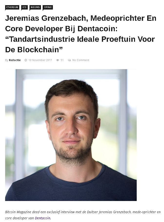 Interview for Bitcoin Magazine with Jeremias Grenzebach, Core Developer at Dentacoin: "Dentistry is the ideal field for the Blockchain technology to be applied"

bitcoinmagazine.nl/2017/11/10/jer…