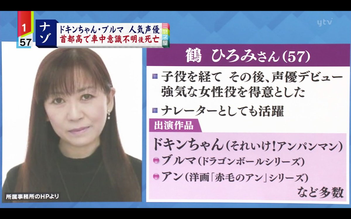 わび さび 声優 鶴ひろみさん逝く 大動脈解離 アンパンマン ドキンちゃん ドラゴンボール ブルマの声で知られる 昨日の19時30頃 首都高で停止した車内で 57歳でした お悔やみコメント ばいきんまん しょくぱんまん ベジータなどから 鶴ひろみ