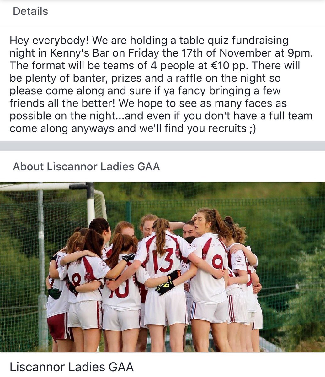 guerinspath's tweet photo. Support @LiscannorGAA @KennysLahinch tonight,great bunch of girls👌 #tablequiz #fundraiser https://t.co/n8n6VnQoMq