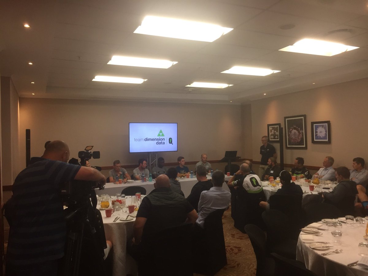 Legend1741's tweet photo. #TeamDimensionData Team Breakfast! Talking about how technology helps the team riding to greatness https://t.co/1T6rTGroh1
