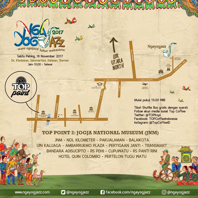 pamityang2an's tweet photo. males bawa kendaraan mau ke venue #Ngayogjazz2017 ? bisa naik #ShuttleJazz , berikut pickup point dan trayeknya prabs, GRATIS https://t.co/Kmg26NArcG