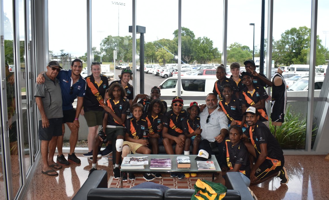 AFLNT's tweet photo. Check out these pics of the  Lajamanu boys when they had the opportunity to meet some of their @EssendonFC idols at the MLLLC! The boys have enjoyed playing football on green grass compared to the ochre sand of the Lajamanu Oval
#mlllc #schooleveryday #territoryfooty https://t.co/hG0mLpqFZh