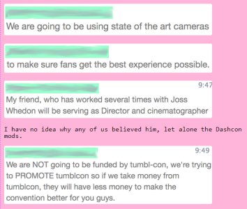 as a little plus, here is a funfact for all of you: he was involved in DashCon! yep, that's right! he didn't follow through until the end, but his interactions with other people involved speak volumes about him (the mint green messages are from him).