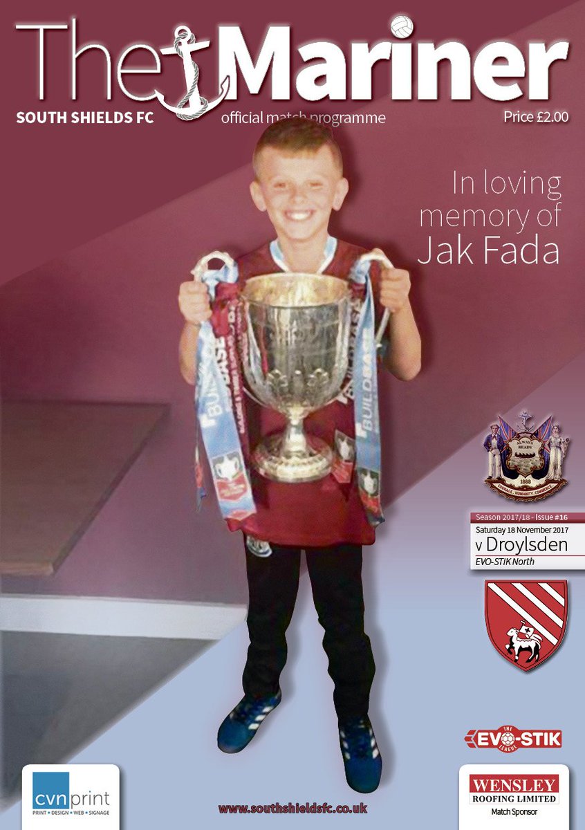 SouthShieldsFC's tweet photo. Here's the front cover of the programme for tomorrow's game against Droylsden at Mariners Park.

#RIPJak https://t.co/9HXt2d6Du7