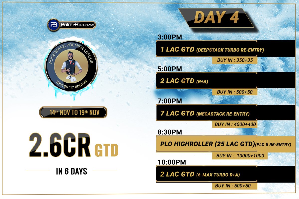 PokerBaazi's tweet photo. Check out the complete schedule and prizes on https://t.co/cvYmDuQQRg.
#TheBiggestOnlinePokerLeague #Poker #Tournaments #BestStructure #PPL #WinterEdition #BaazigarsPlayBig #PokerBaazi #IndiasMostTrustedPokerWebsite #BeABaazigar https://t.co/Po3xNG9del