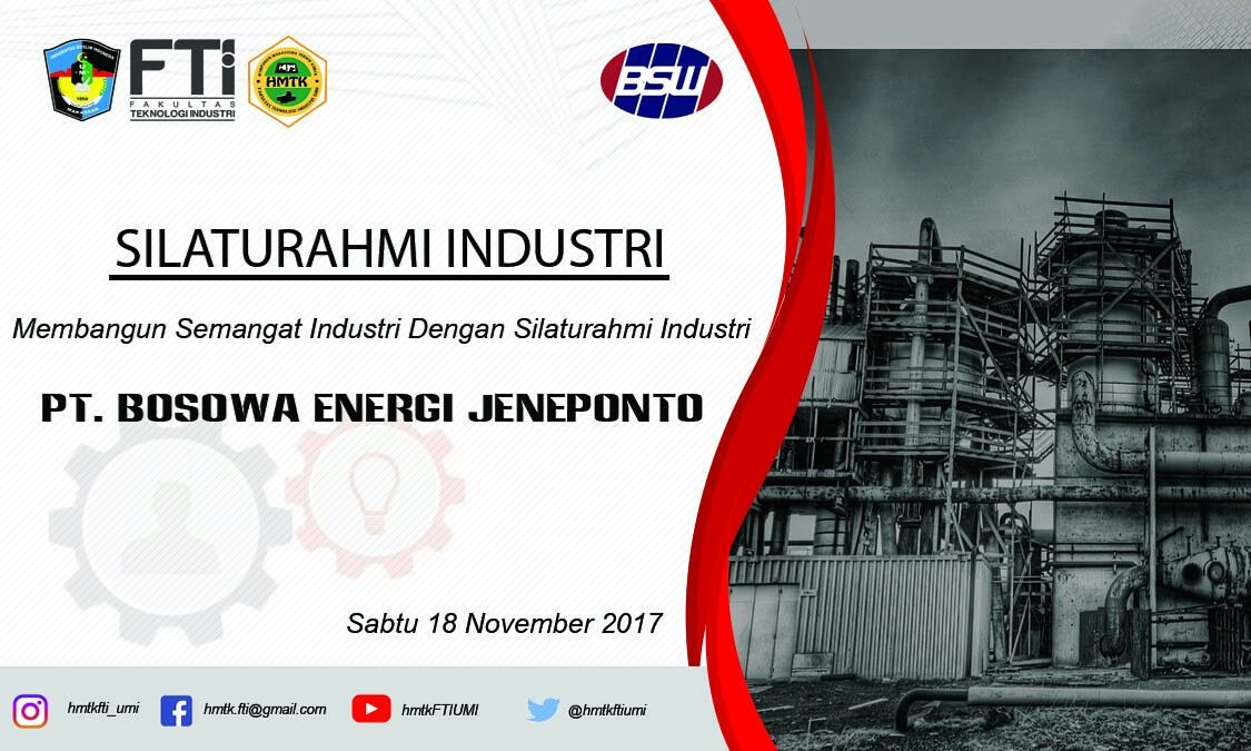 Himpunan Mahasiswa Teknik Kimia FTI UMI akan mengadakan silaturahmi industri dengan tema " membngun semangat industri dengan silaturahmi industri " yang akn dilaksanakan di
tempat : PT BOSOSWA ENERGI JENEPONTO
waktu : Sabtu, 18 November 2017
#hmtkbisa #silaturahmiindustri #ftiumi