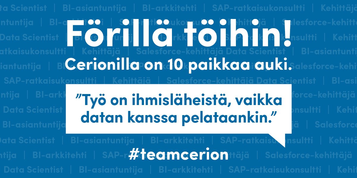 CerionSolutions's tweet photo. Hei me rekrytään! Data Scientist, BI-asiantuntija, kehittäjä, Salesforce-kehittäjä. Laita hakemusta tulemaan! #teamcerion #yourdataway https://t.co/Rw1jCsy5RO https://t.co/psRP1kmRwB