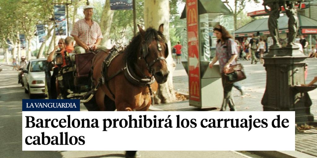 PartidoPACMA's tweet photo. ¡Buenas noticias! #FelizFinde
Después de varias denuncias de PACMA, el Ayto. #Barcelona oye nuestras peticiones y prohibirá los carruajes de caballos. 👏👏👏

¡Que cunda el ejemplo para el resto de ciudades donde siguen muriendo animales en sus calles! https://t.co/p2cjWJUUTO https://t.co/oQmdhxaNvY