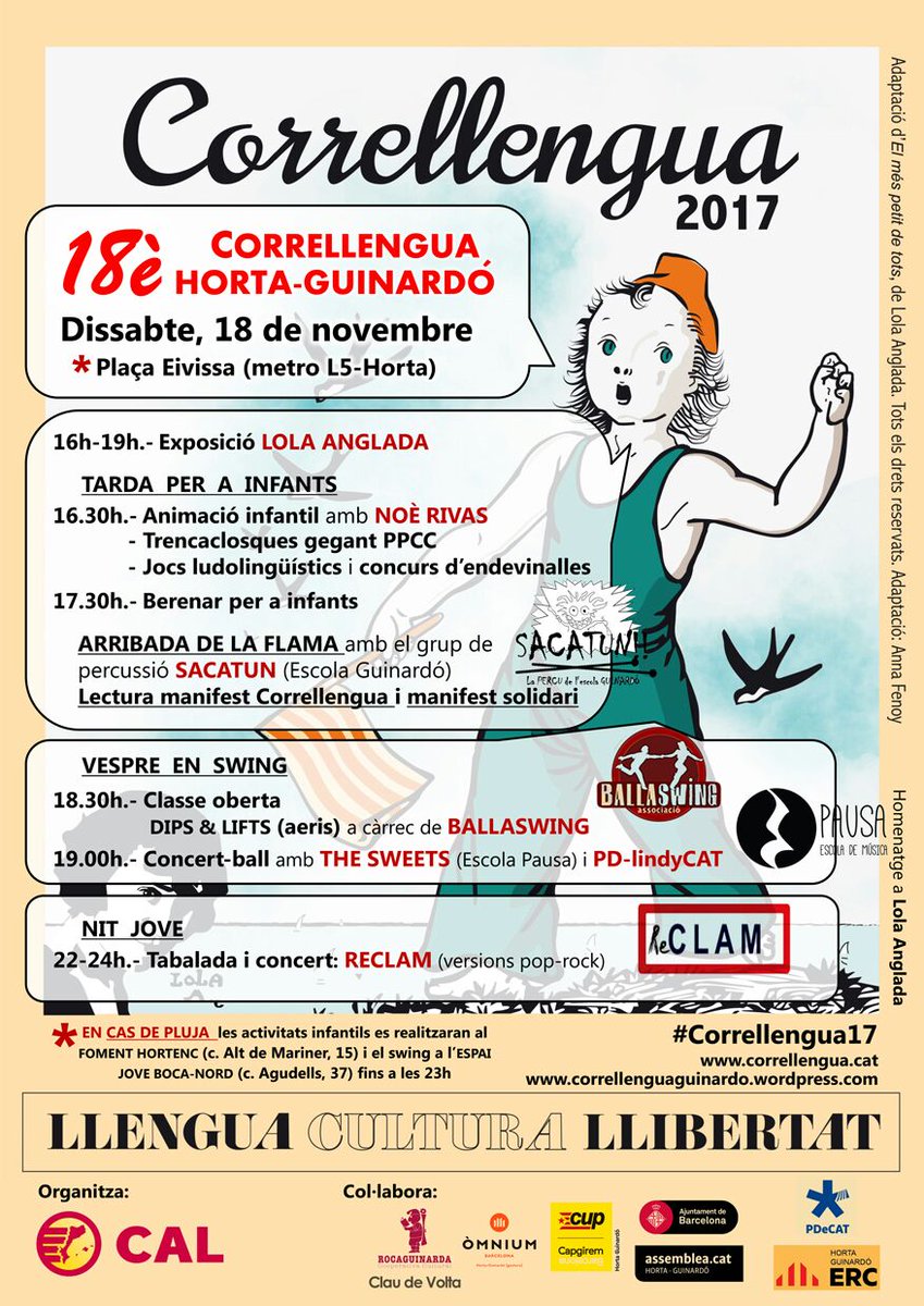 📣 Us esperem demà al 18è #Correllengua d'Horta-Guinardó! 📣

🕓 A partir de les 16 h, festa, reivindicació i lluita 📍 a la Plaça Eivissa! 

Activitats per a infants, flama i manifest, vespre de swing i concert de <a href="/reclamrock/">Reclam</a> 🎉💃
