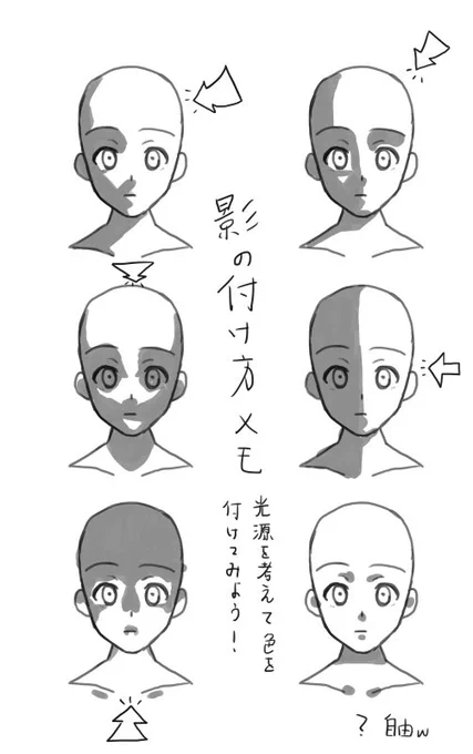 【影の付け方】
影の付け方です。
光源を考えて付けてみましょう! 