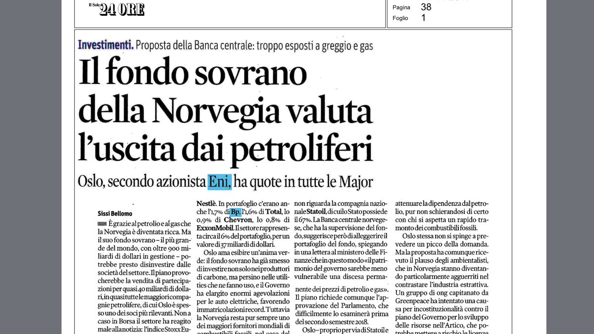 FranFerrante's tweet photo. Tempi duri per i #fossili
@SissiBellomo su @sole24ore racconta come persino il Fondo sovrano della Norvegia (per diversificare) vuole disinvestire da oil&gas
#divestfossils https://t.co/PFePX08ONA