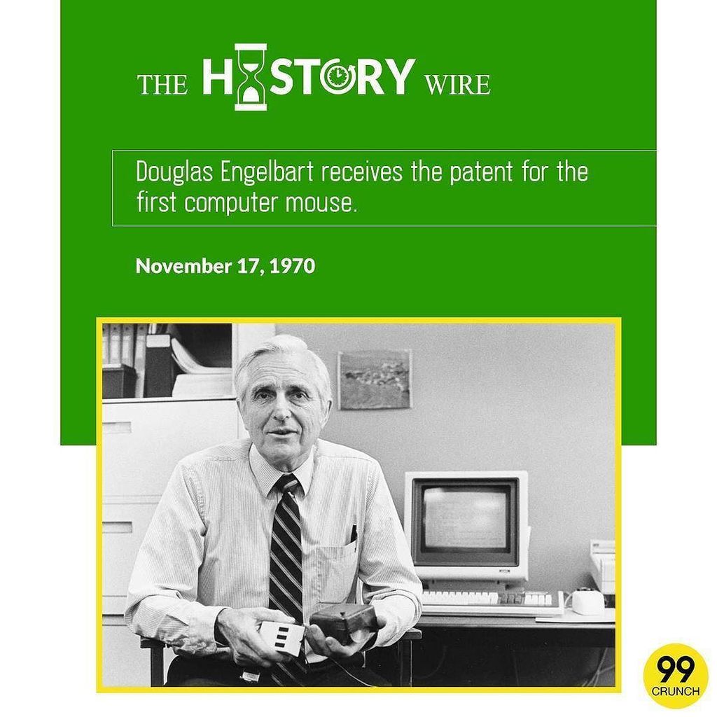 99Crunch's tweet photo. 1970 #Douglas #Engelbart receives the patent for the first #computer #mouse. #firstMouse #firstComputerMouse #99crunch.com #99crunch #HistoryWire #History #HistoryNEWS https://t.co/p92pKkOqMp https://t.co/e73nNWLkQ6