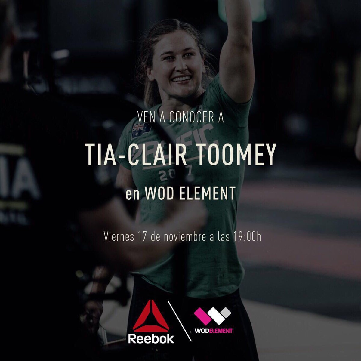 <a href="/TiaToomey/">Tia Toomey</a> ¡Nos vemos esta tarde en #WodElement! Fittest Woman On Earth 💪🏼
#CrossFitGames #CrossFit #Madrid