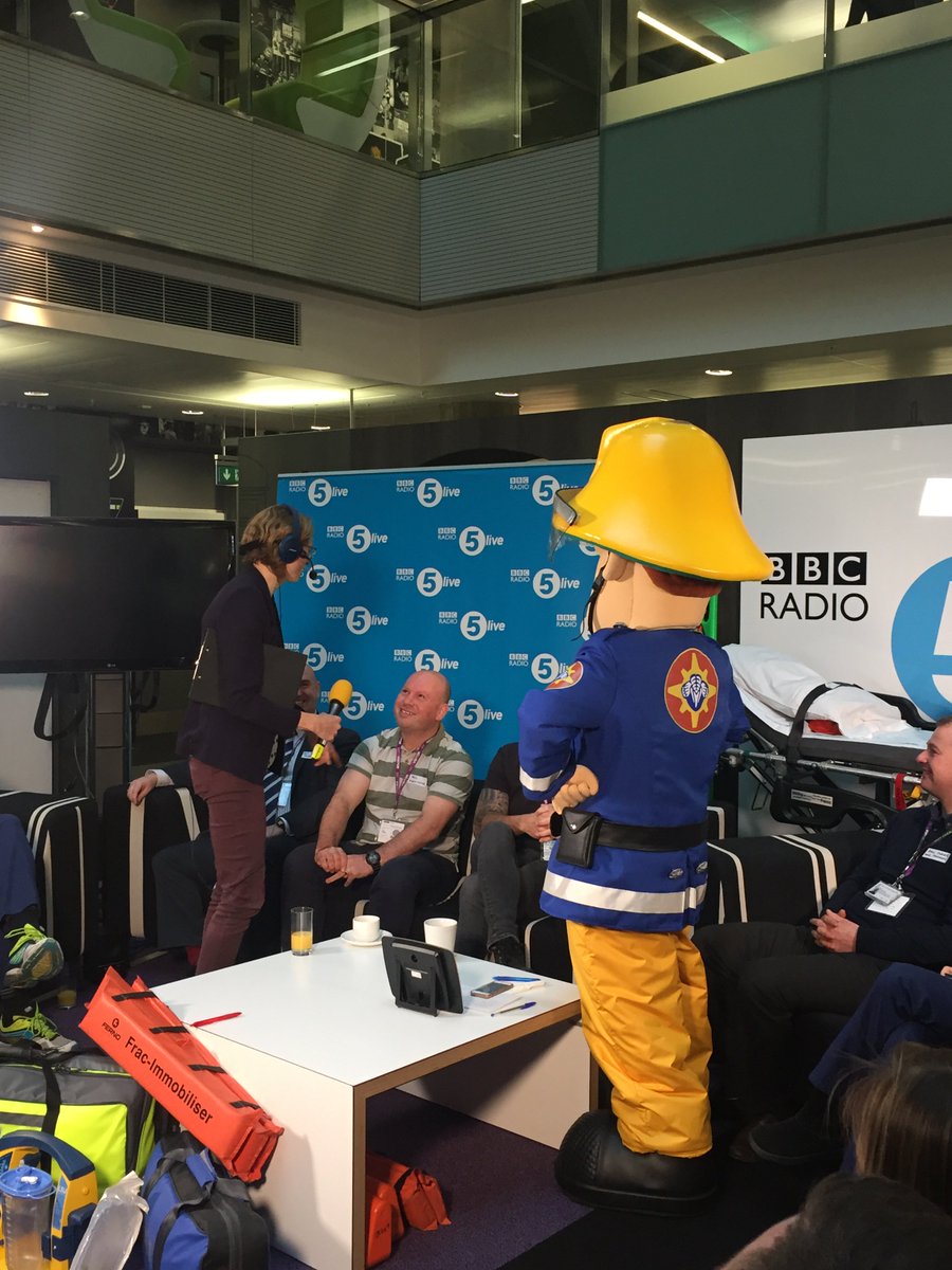 bbc5live's tweet photo. From Pontypandy to @bbc5live Towers! 

Our #BlueLightDay firefighters Phil and Matt meet a very special guest... @FiremanSamUK 

#BlueLightDay https://t.co/mSKEbrtmec