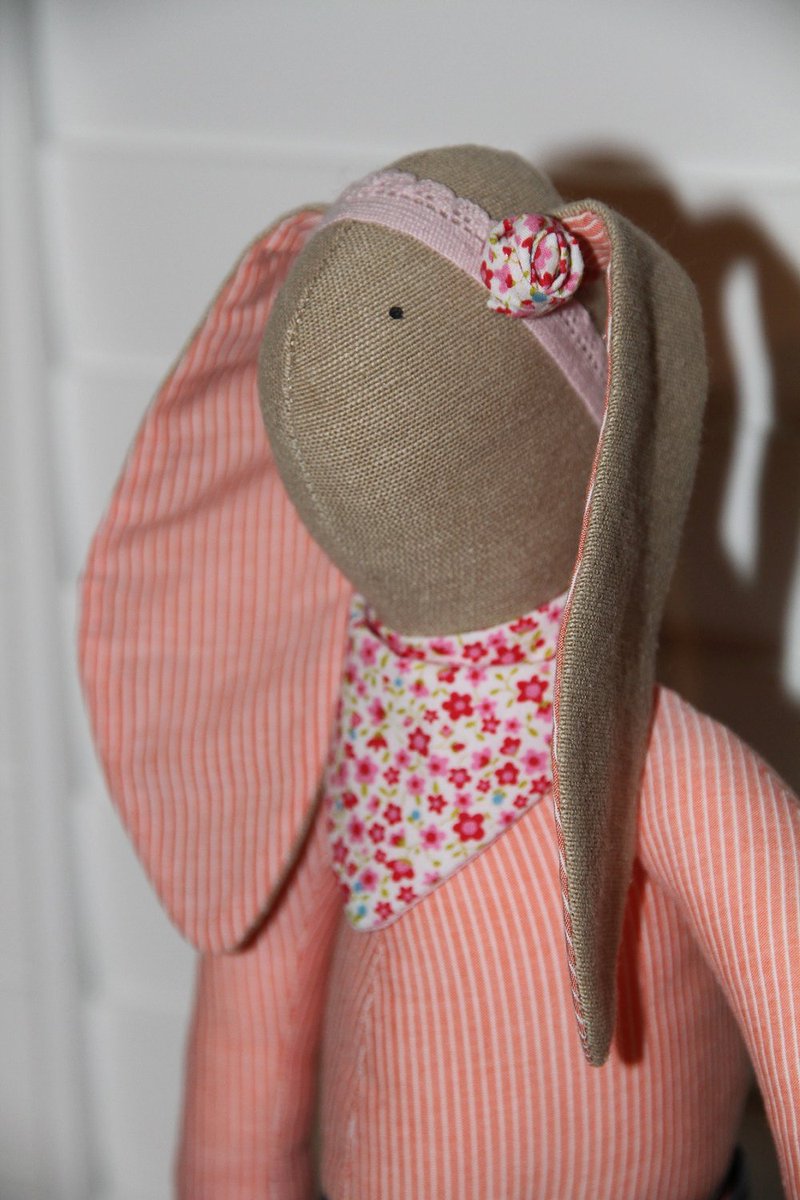schnickuk's tweet image. Handmade cute fabric bunny girl - dressed in a stripe and denim combo, flowery… etsy.me/2hrNlVV #Etsy #Beige