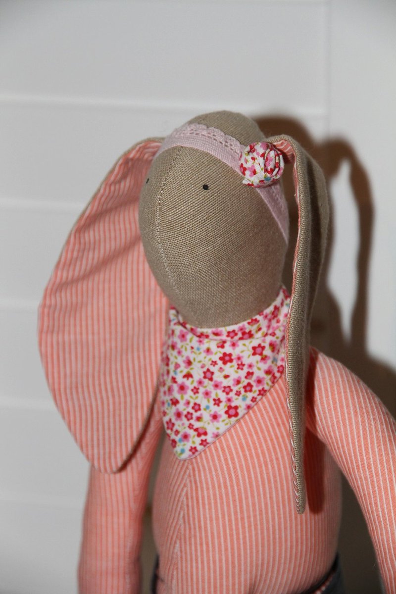 schnickuk's tweet image. Handmade cute fabric bunny girl - dressed in a stripe and denim combo, flowery… etsy.me/2hrNlVV #Etsy #Beige