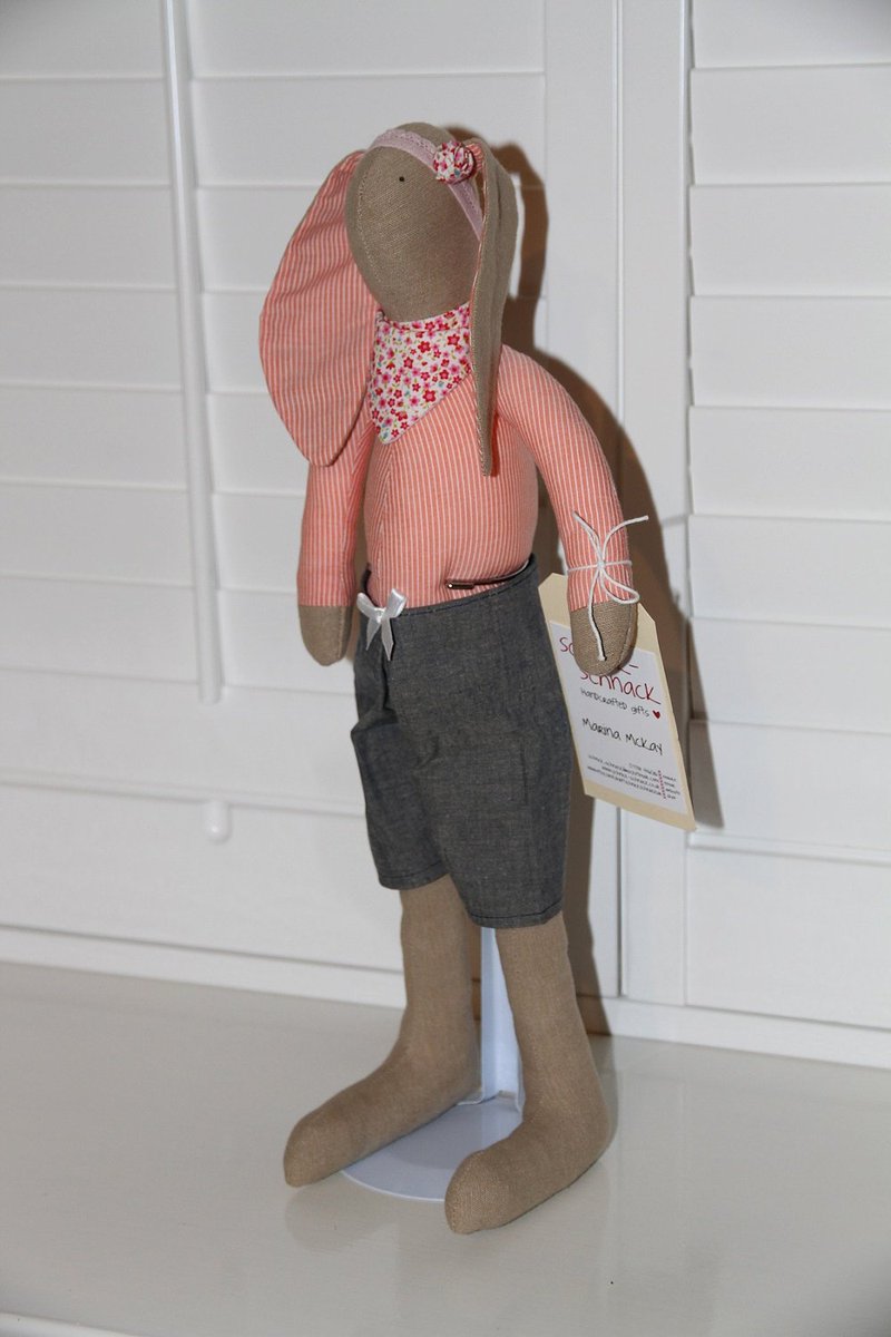 schnickuk's tweet image. Handmade cute fabric bunny girl - dressed in a stripe and denim combo, flowery… etsy.me/2hrNlVV #Etsy #Beige