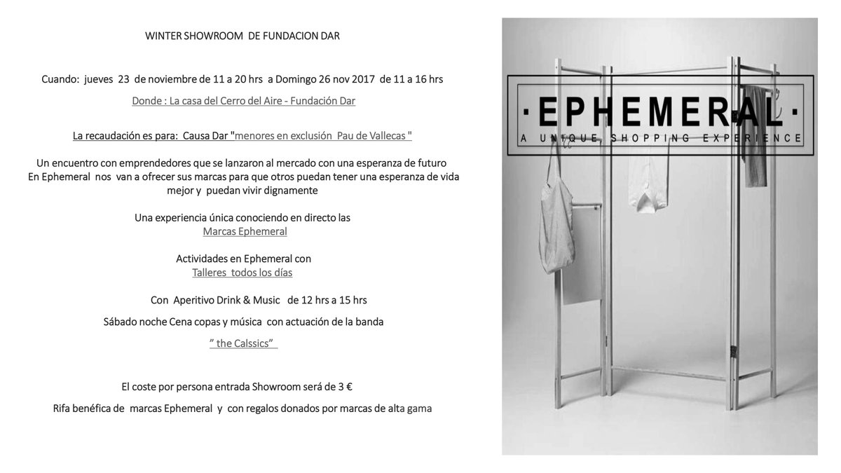 Desde el próximo jueves 23 al domingo 26 de noviembre, la Fundación <a href="/amigosdar/">Amigos DAR</a> celebra el showroom benéfico  Ephemeral. Diseñadores emprendedores expondrán sus diseños, y se realizarán actividades. ¡Os esperamos en La Casa del Cerro del Aire! 😉#Solidaridad #Madrid