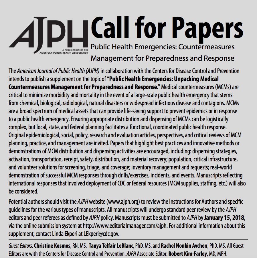 AMJPublicHealth's tweet photo. New call for papers for upcoming special issue on “Public Health Emergencies: Countermeasures Management for Preparedness and Response”, submissions due by Jan 15th https://t.co/etTElF1V5m #CFP https://t.co/YuxWqxPBX7