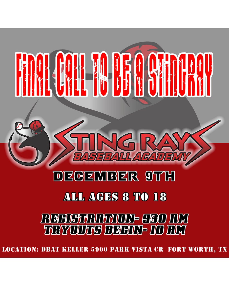 TeamTexasBB's tweet photo. Are you still looking for "home" for your son for the Spring season? Look no further!!! Come check out the Stingrays Way December 9th @10am at D-BAT Keller​ for the FINAL TRYOUT for the Spring Season! ALL AGES 8-18 ARE WELCOME! Registration begins at 9:30am! Bring all equipment!! https://t.co/E5QR4ixgP0