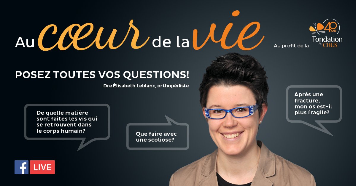 iciestrie's tweet image. Posez vos questions à Dre Élisabeth Leblanc, orthopédiste au CHUS, lors du clavardage en Facebook Live ce soir à 21 h #aucoeurdelavie @FondationCHUS