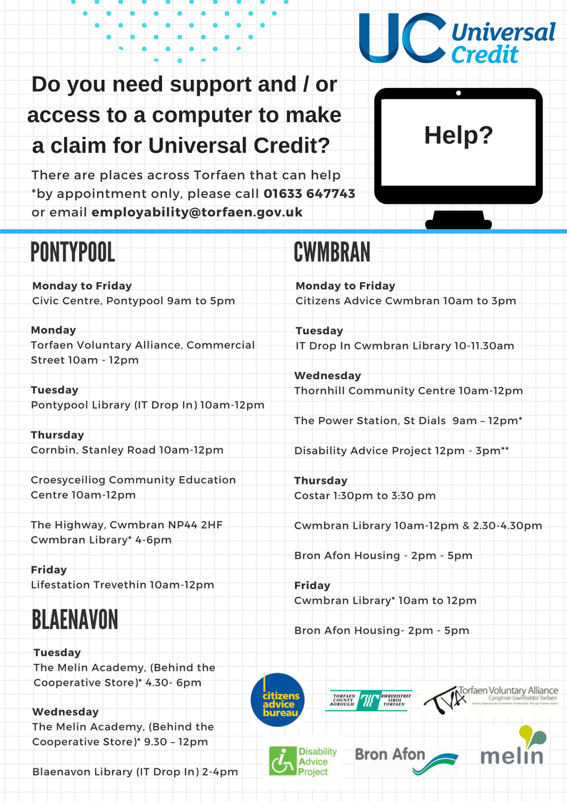 torfaencouncil's tweet photo. Making a claim for Universal Credit?
There is plenty of support available to help you. Many of those listed in the image below will allow you to use the phone or make calls on your behalf until the DWP lift the charges from the helpline. #FinCap17 #Torfaen https://t.co/y41cKDbqBW
