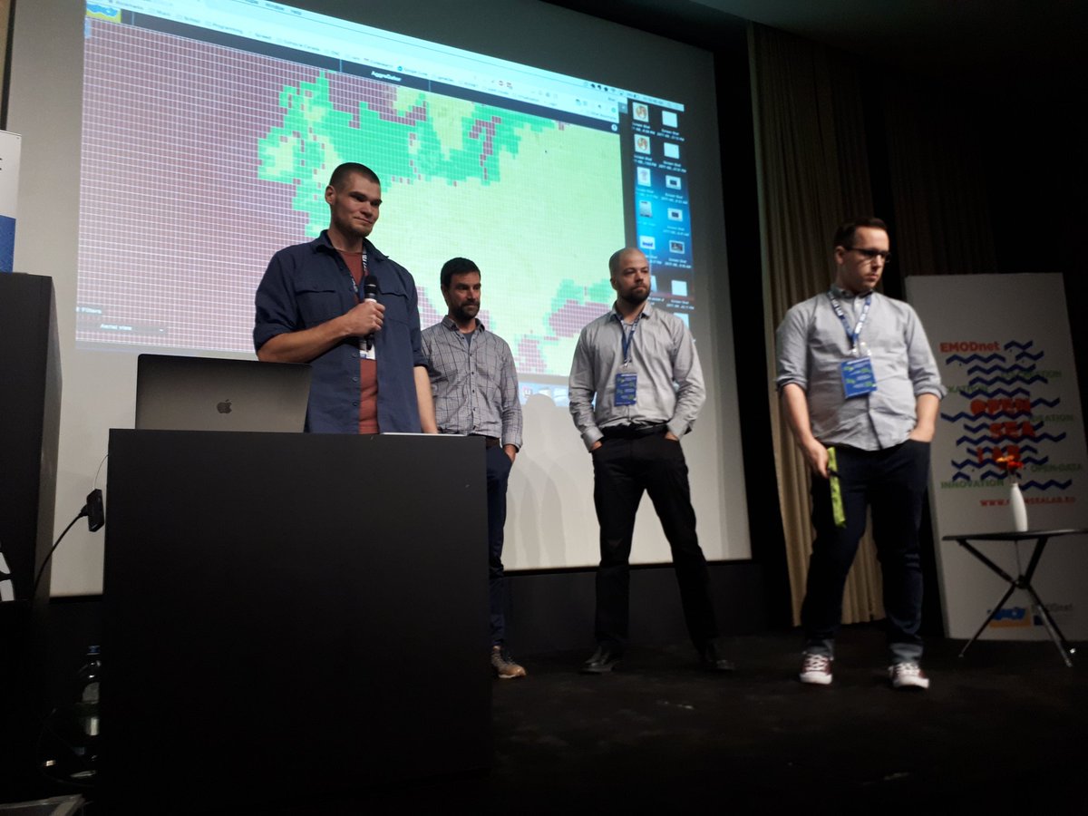 EMODnet's tweet photo. Decision support for #offshore #wind turbines. #OSL2017 team X (all the way from #Canada) present their creation, 'Aggregator'! https://t.co/orSRNqoaPK